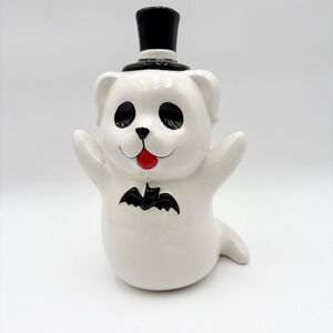 Ghost Dog Ceramic Halloween Decor Top Hat Bat Tie Spooky White Black